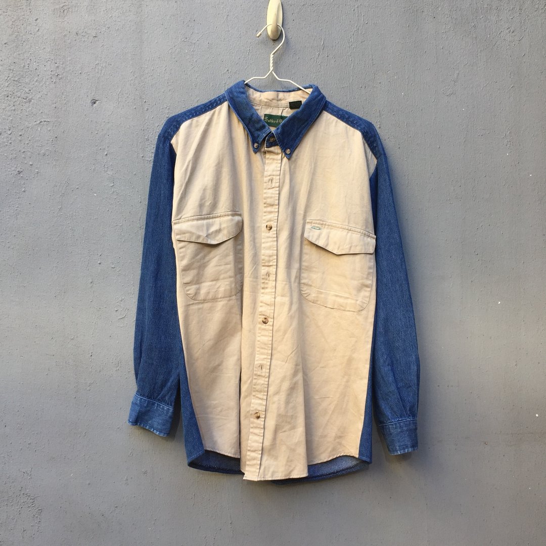{古着}拚色牛仔衬衫 XL 斯里兰卡制 - 男装衬衫 - 棉．麻 蓝色