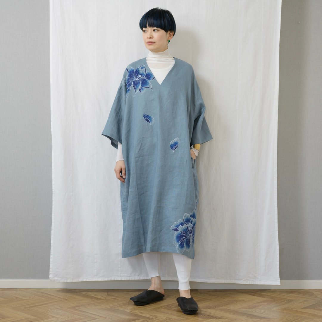 宽松 kaftan 连身长裙・手绘・牡丹图案 - 洋装/连衣裙 - 棉 蓝色