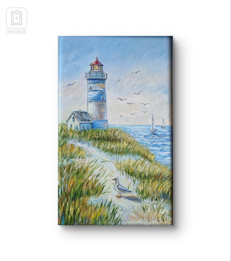 灯塔油画原创艺术厚涂海景艺术品 - 墙贴/壁贴 - 棉．麻 蓝色