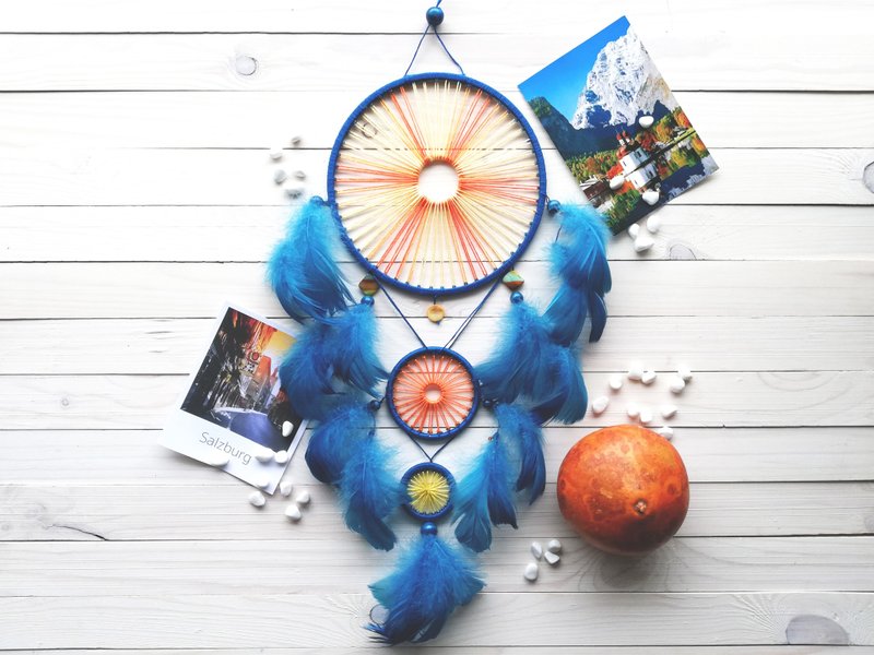 Blue dreamcatcher, Large wall hanging, Blue orange decor, Bedroom dream catcher - 墙贴/壁贴 - 其他材质 蓝色