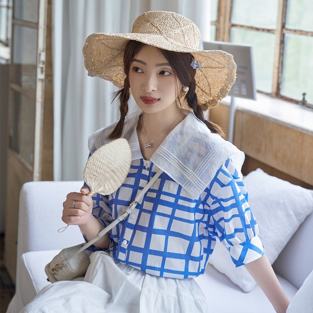 海军领刺绣衬衫|衬衫|两色|夏款|Sora-1490 - 女装衬衫 - 棉 多色