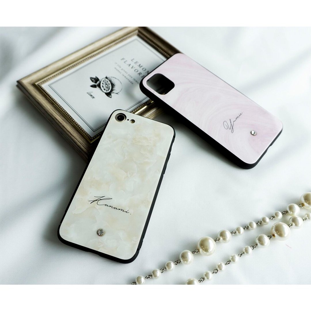 兼容多设备的智慧型手机外壳，玻璃 [大理石风格，个人化]，水钻，iPhone，安卓，JI24U - 手机壳/手机套 - 玻璃 白色