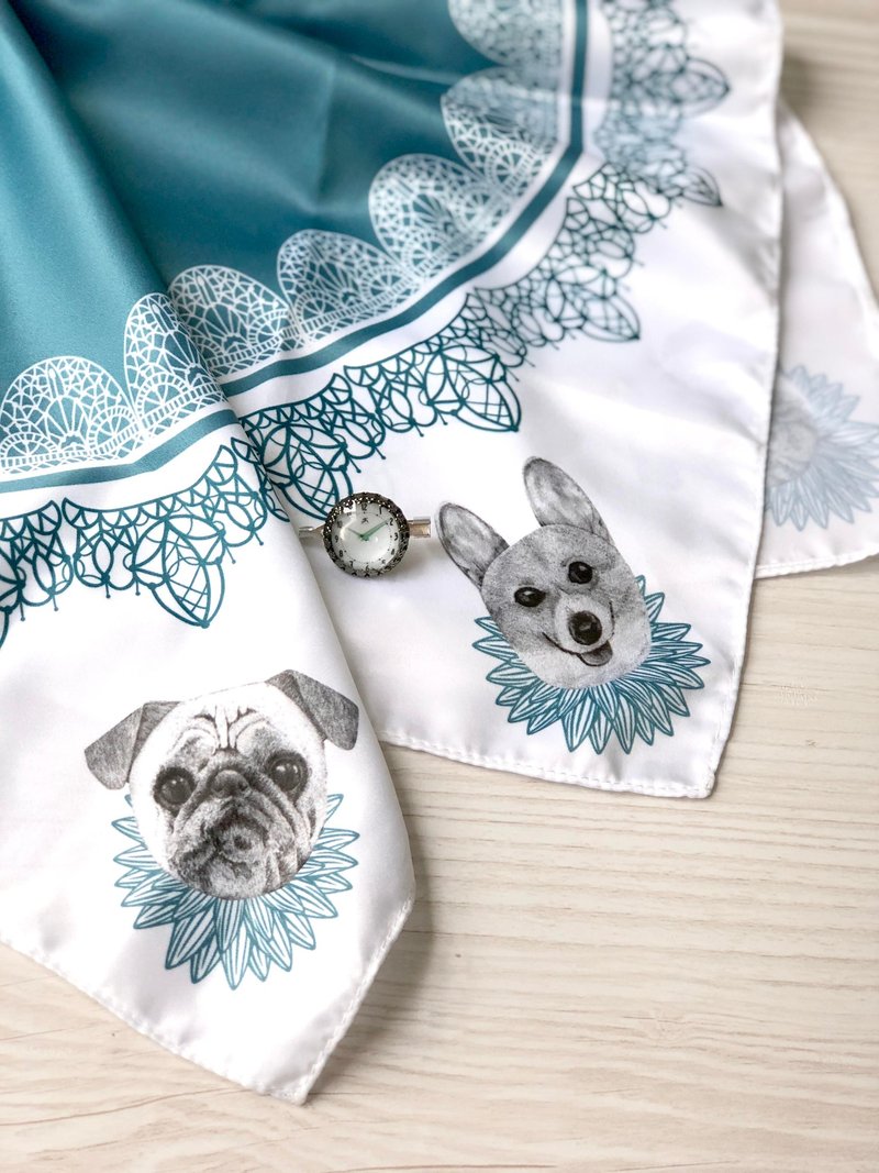 adc｜派对动物｜蓝绿色｜哥基｜八哥｜仿丝巾（小） - 丝巾 - 丝．绢 蓝色