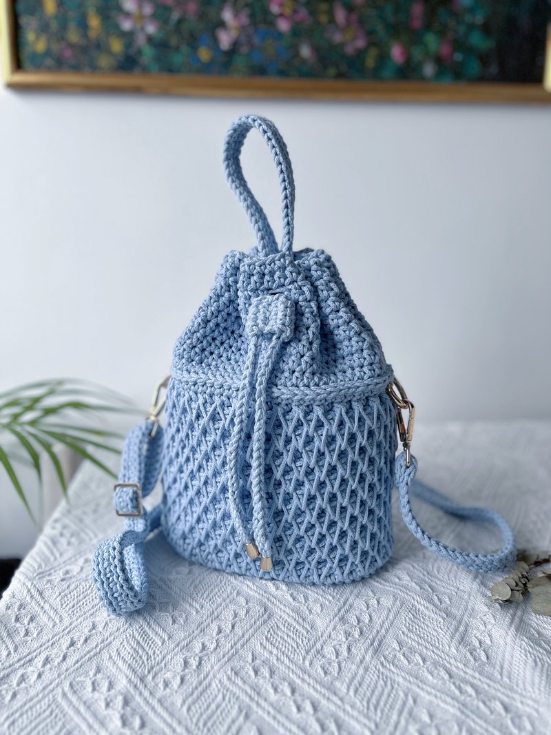 手工鈎织Diamante 水桶袋单肩手袋斜孭袋蓝色钩织针织编织手作 - 侧背包/斜挎包 - 棉．麻 蓝色