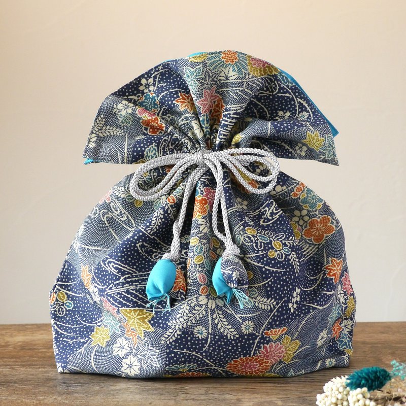 Kimono purse FUGURO large size that brings happiness - 化妆包/杂物包 - 棉 蓝色