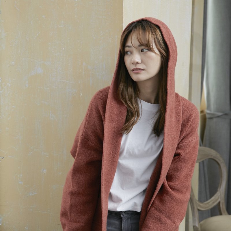 Venus 长版连帽口袋针织外套/棕红 - 女装休闲/机能外套 - 其他人造纤维 红色