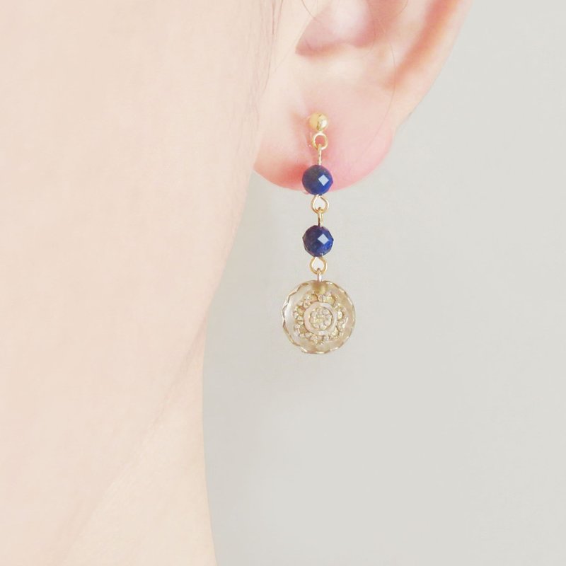 NEW 青金石与德国珠的复古风耳环 / 耳夹 - 耳环/耳夹 - 半宝石 蓝色