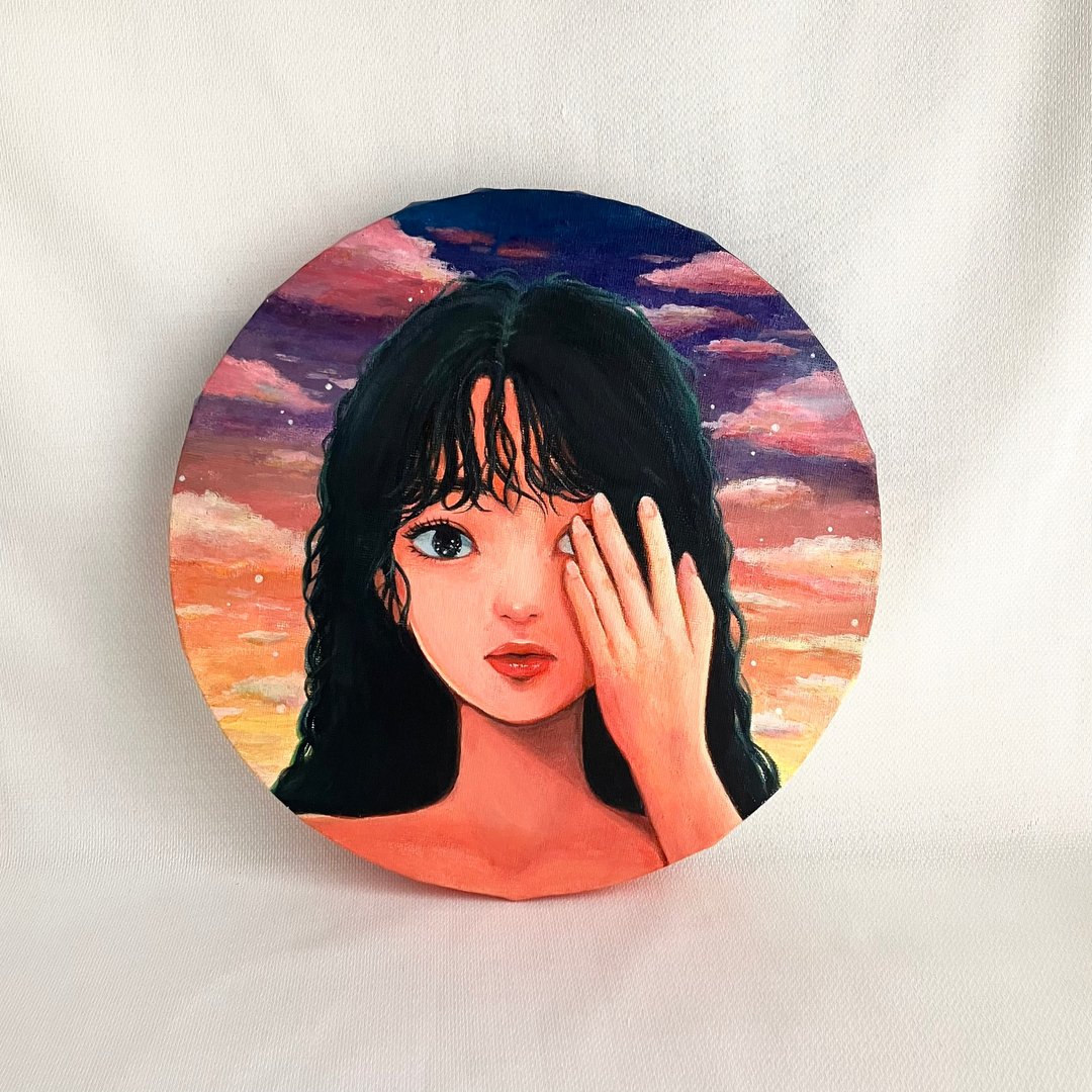 对话绘画 日本女性绘画 布面丙烯画 独一无二的人物绘画 艺术 - 海报/装饰画/版画 - 其他人造纤维 橘色