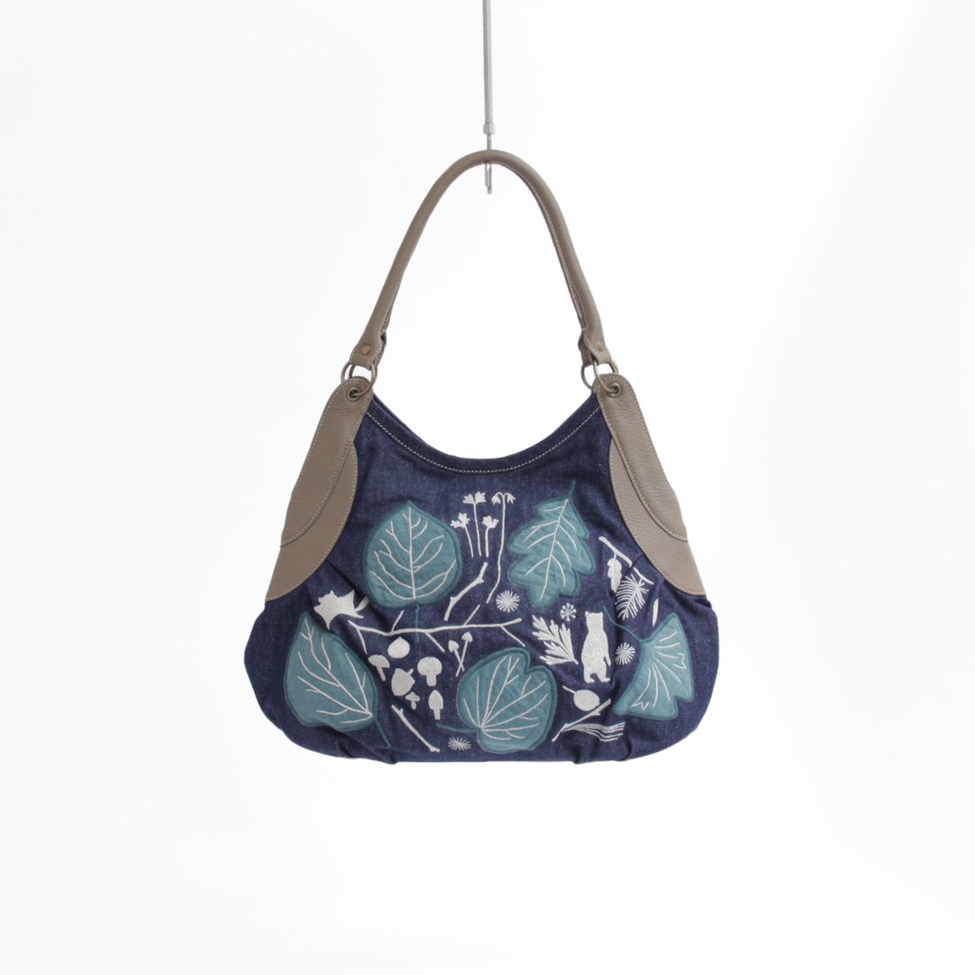 Konoha Embroidery/Granny Bag - 手提包/手提袋 - 真皮 蓝色