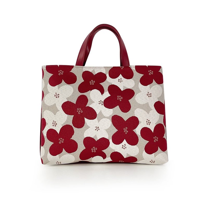 日本制-尾州织 茱萸花朵朵开方形公文包笔电包手提包-红 - 手提包/手提袋 - 棉．麻 红色