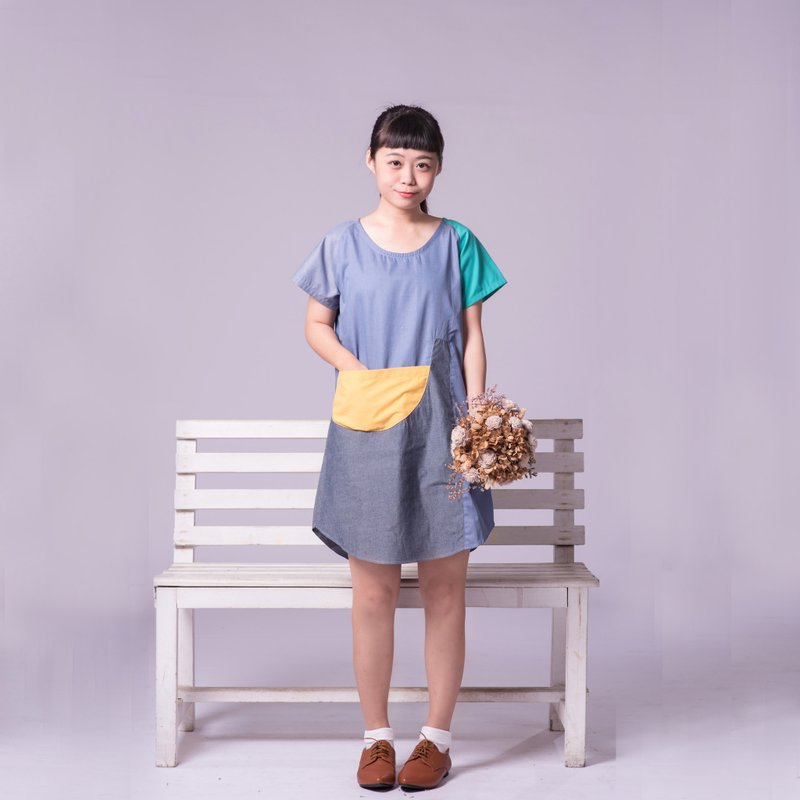 大口袋上衣洋装  黄色 - 女装上衣 - 聚酯纤维 蓝色