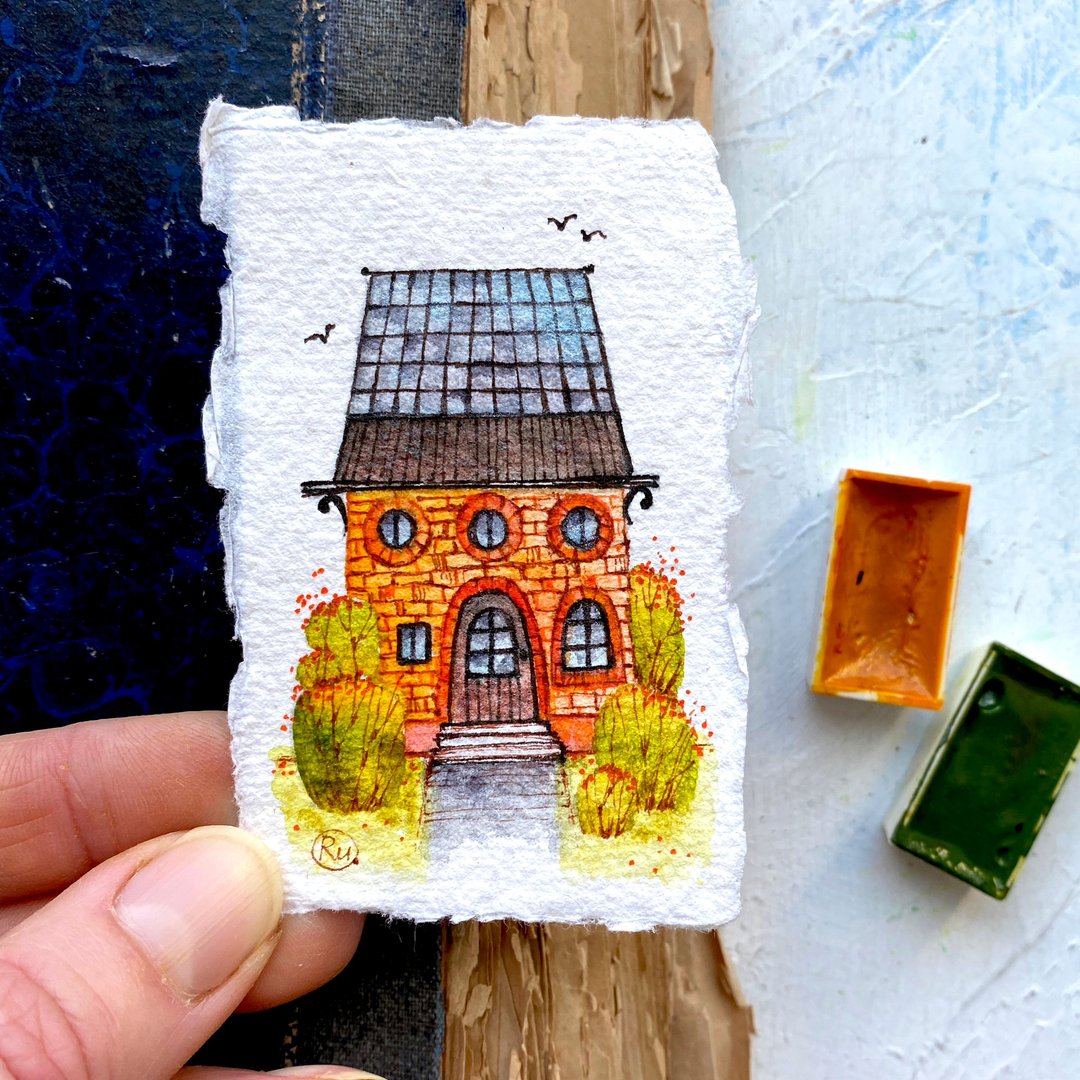 Architecture art Miniature Original watercolor Tiny painting by Rubinova - 海报/装饰画/版画 - 纸 橘色