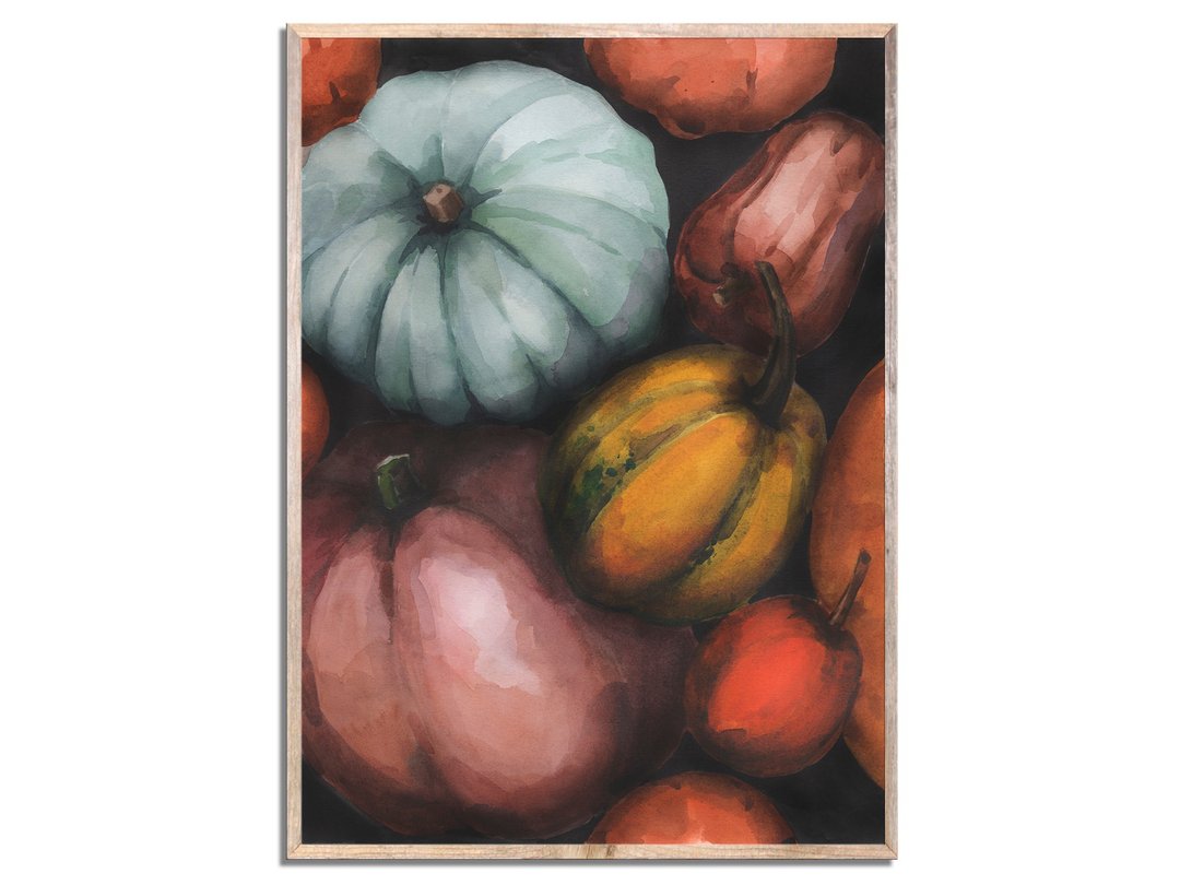 Pumpkin Art Print Fall Vegetables Watercolor Painting Sage Green Pumpkin Art - 海报/装饰画/版画 - 纸 橘色