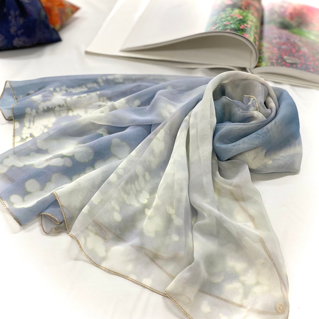 大尺寸雪纺围巾│摄影师水野克比古作品│京都鸭川~白鹭~│Ballett Kyoto│柔软雪纺│日本制 - 丝巾 - 聚酯纤维 白色