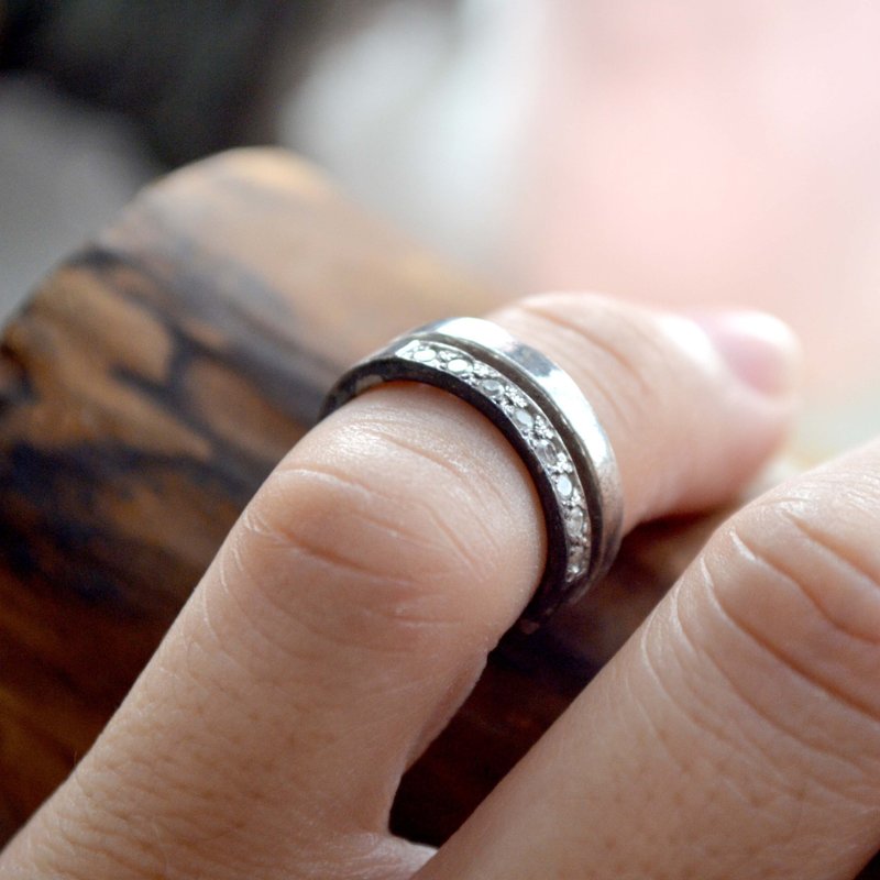 高贵简约双环镂空水钻银戒指 贵妇少女 日本二手古着珠宝首饰 - 戒指 - 其他材质 银色