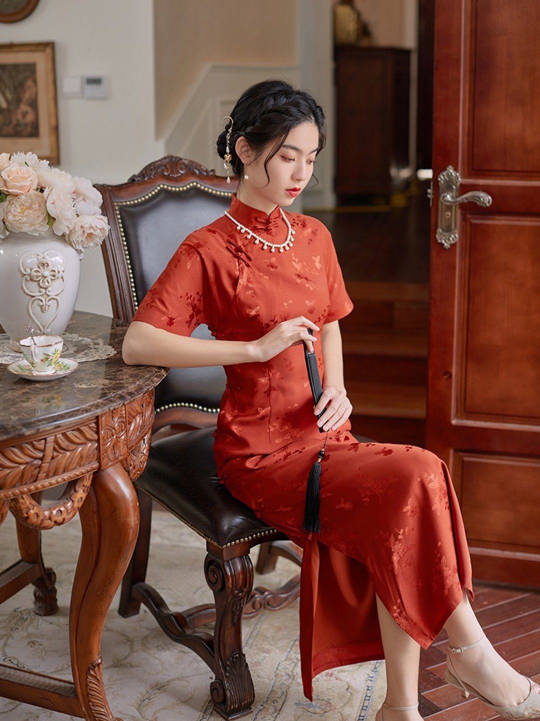 鐵鏽紅 焦糖 仿真絲提花開襟緞面旗袍 復古改良新中式國風洋裝 - 旗袍 - 聚酯纤维 红色