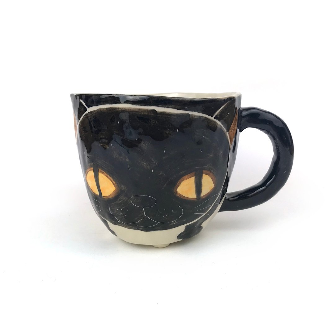 Nice Little Clay 手工大马克杯 黑猫 0103-57 - 咖啡杯/马克杯 - 陶 白色