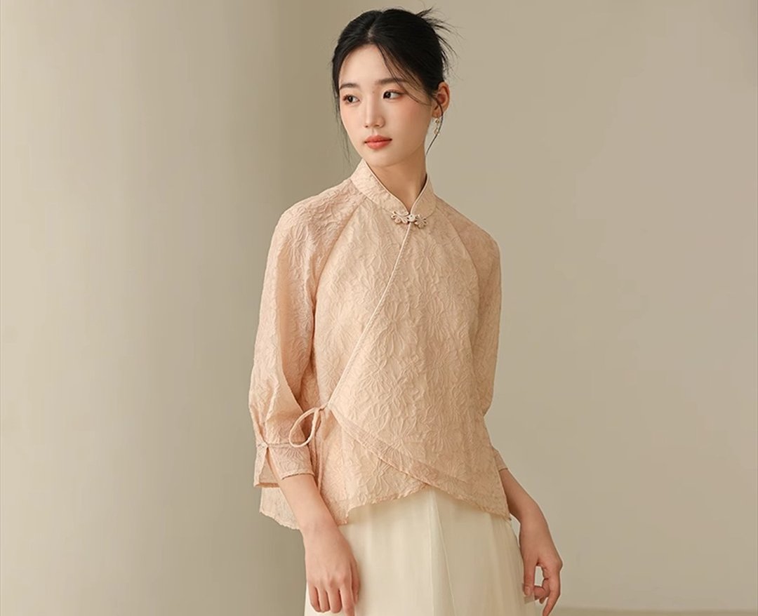 新中式复古中國風 茶服交领系带层次感 上衣/半裙 - 女装上衣 - 其他材质 粉红色
