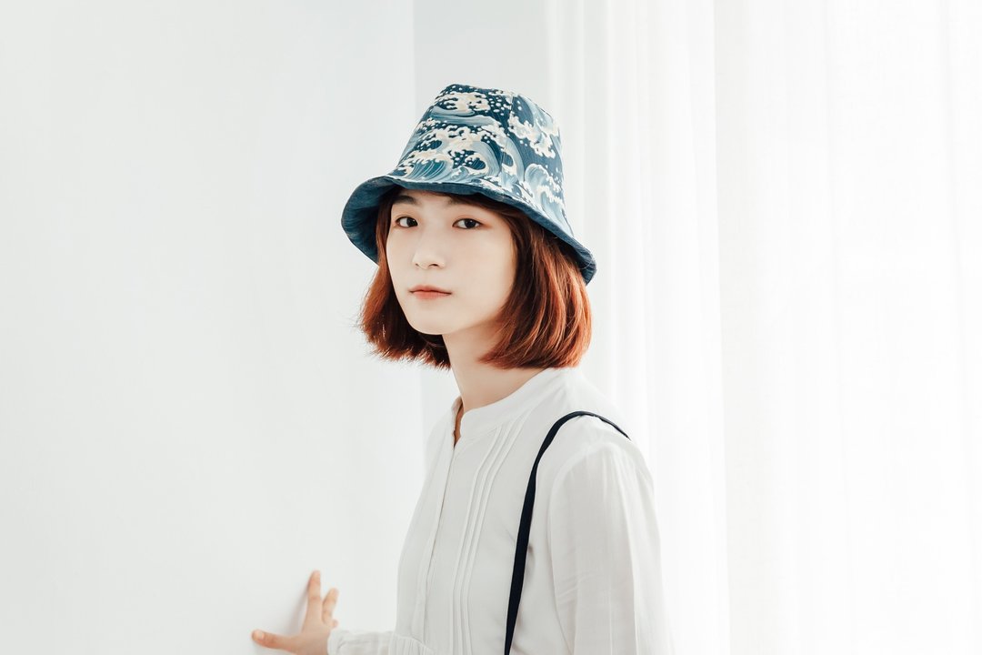 手工双面渔夫帽 日系海浪 短帽檐 遮阳帽 - 帽子 - 棉 蓝色