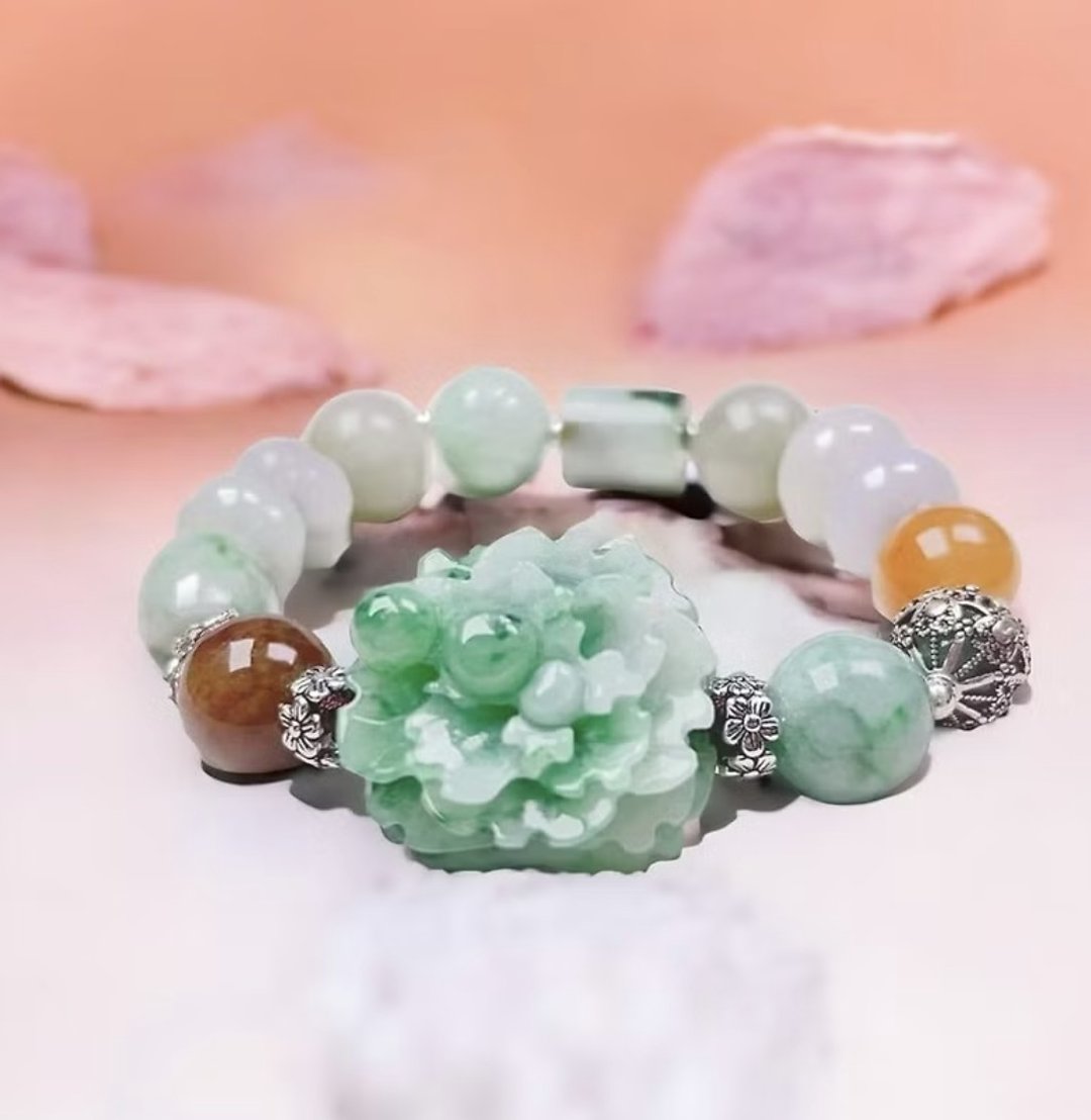飘绿花翡翠牡丹花多宝设计款手链 | 天然缅甸玉翡翠A货 | 送礼 - 手链/手环 - 玉石 多色