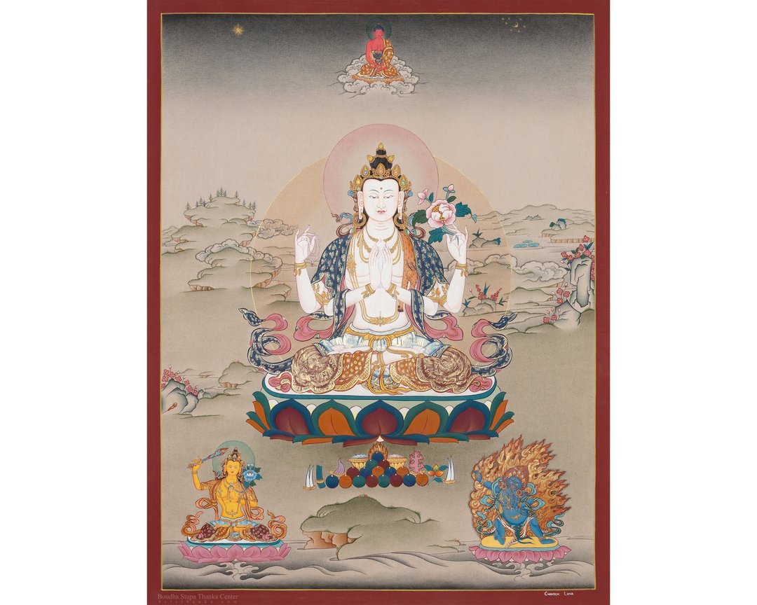 西藏唐卡画布上的四臂观音佛像家居祝福 - 墙贴/壁贴 - 其他材质 多色