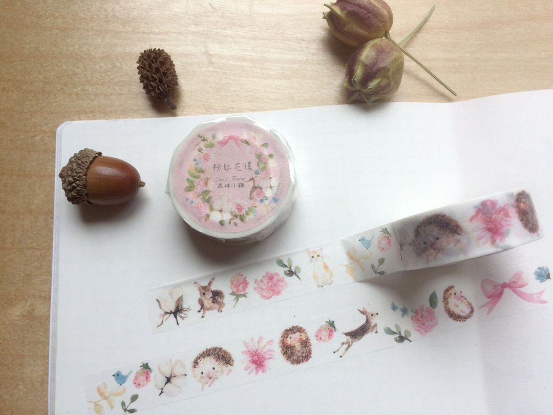 Zoe's forest 12号和纸胶带－粉红花环 小鹿与刺猬 - 纸胶带 - 纸 粉红色