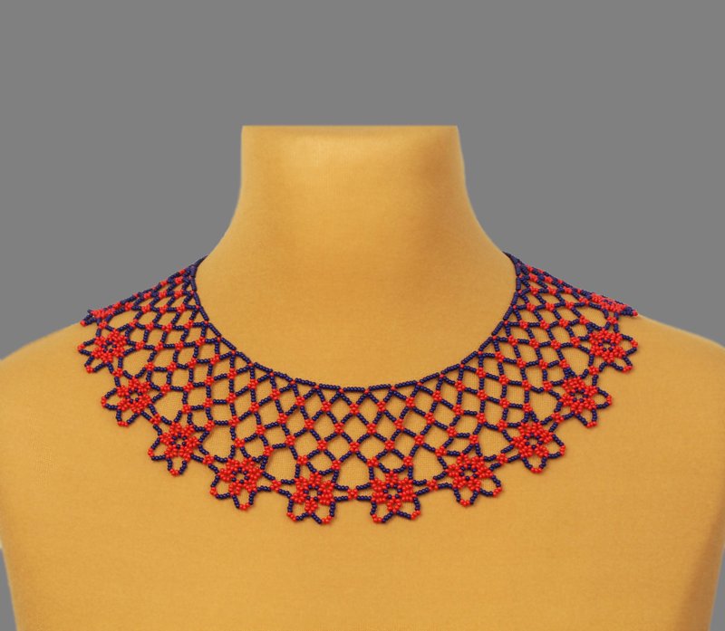 蓝色项链搭配红色花朵 - 锁骨链 - 玻璃 蓝色