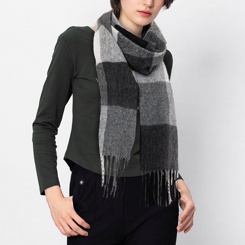 【Icare】灰色大方格流苏围巾(F) | 格纹围巾 披肩 披巾 大围巾 - 围巾/披肩 - 聚酯纤维 灰色