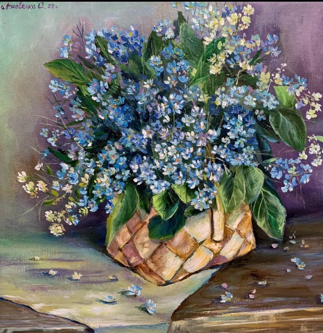 一束蓝色勿忘我篮油画 尺寸 30x30cm - 墙贴/壁贴 - 其他材质 蓝色