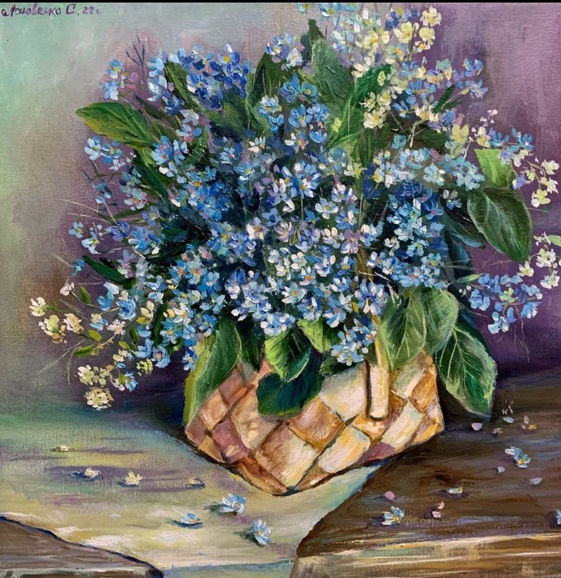 一束蓝色勿忘我篮油画 尺寸 30x30cm - 墙贴/壁贴 - 其他材质 蓝色