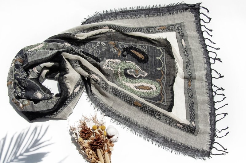 喀什米尔Cashmere/水煮羊毛披肩/针织围巾/刺绣围巾/羊绒披巾-花 - 围巾/披肩 - 羊毛 黑色