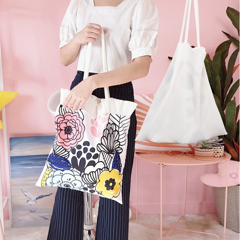 白色简约百折单肩购物袋内有花款 - 手提包/手提袋 - 聚酯纤维 