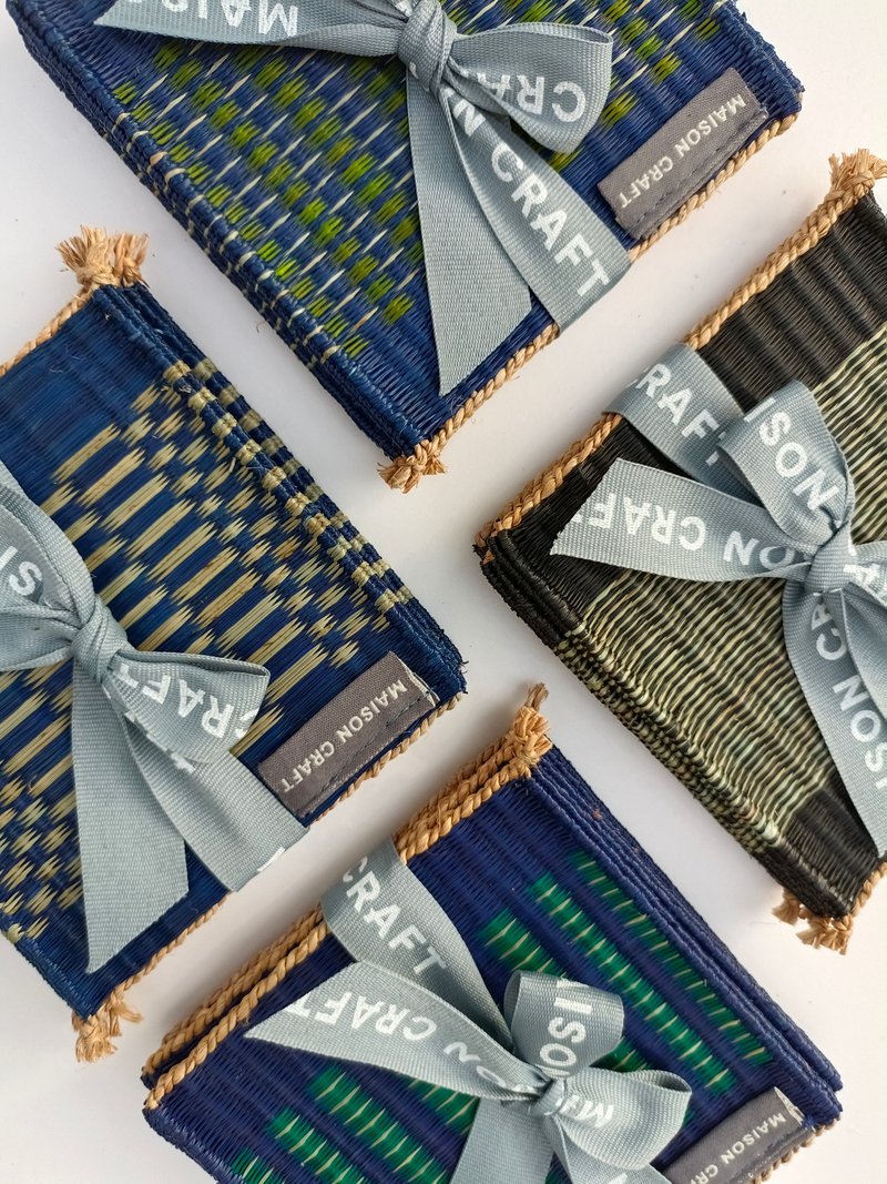 Set 8 Blue Green glass coaster Housewarming Gifts, hot pot natural woven trivet - 餐垫/桌巾 - 环保材料 蓝色