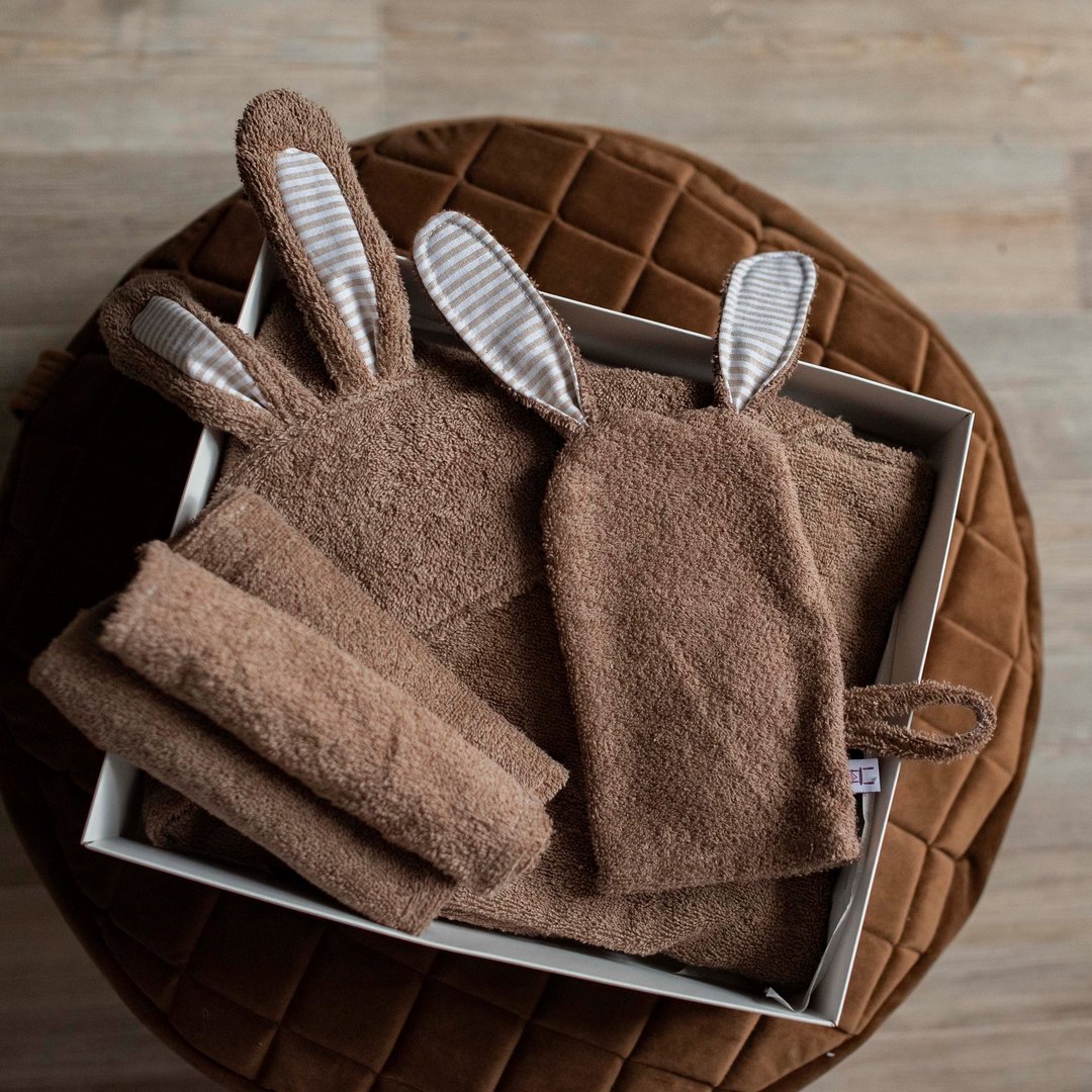 SET: Hooded Towel, Mitten and mini towels dark brown set for a Baby or Toddler - 毛巾浴巾 - 棉 咖啡色