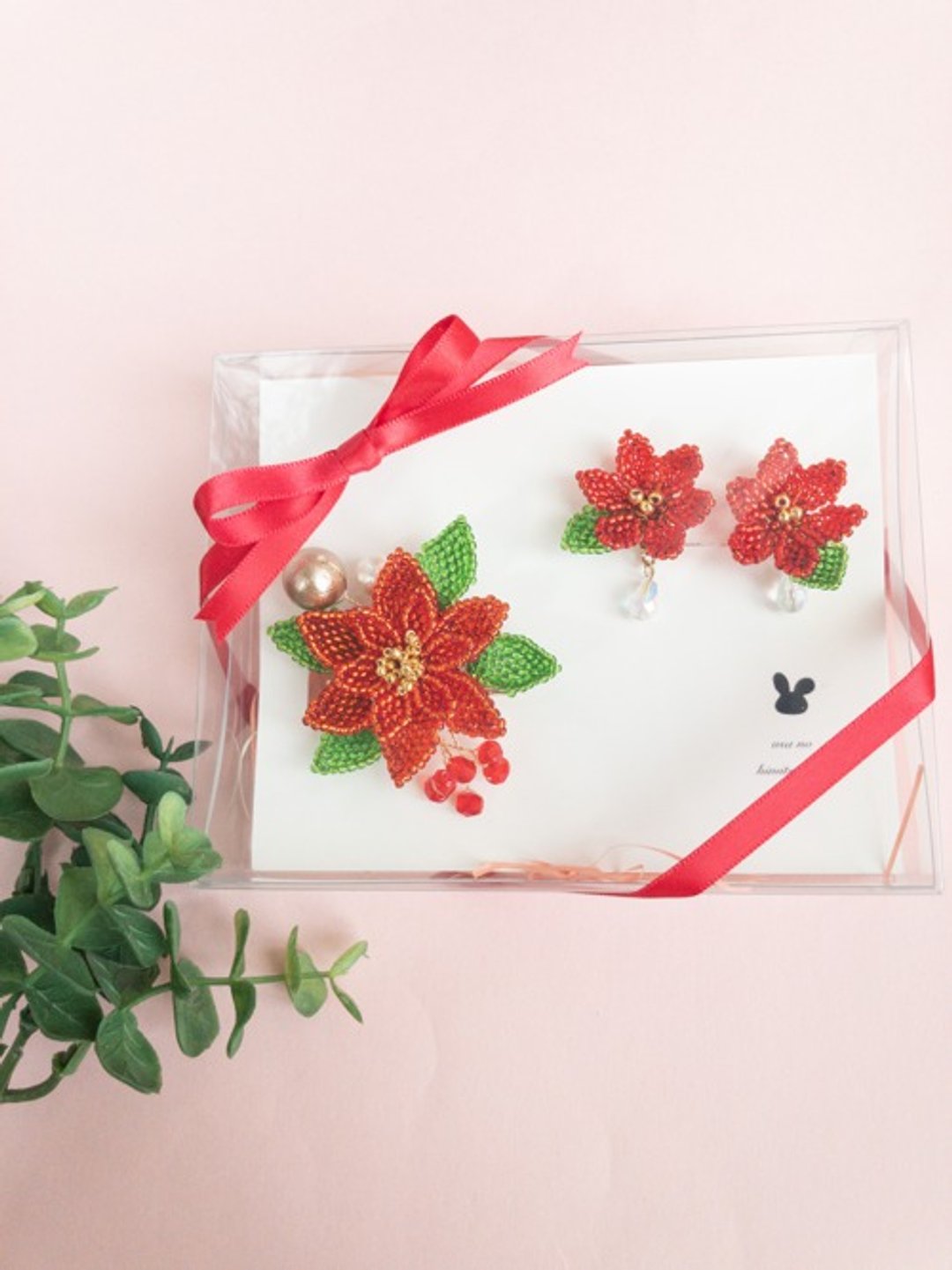 Poinsettia (red) accessory set - 耳环/耳夹 - 其他材质 