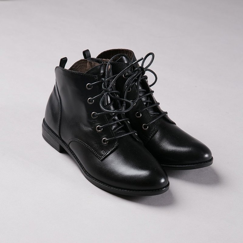 【时空之旅】蜡感头层牛皮侧拉链绑带短靴-油黑 - 女款短靴 - 真皮 黑色
