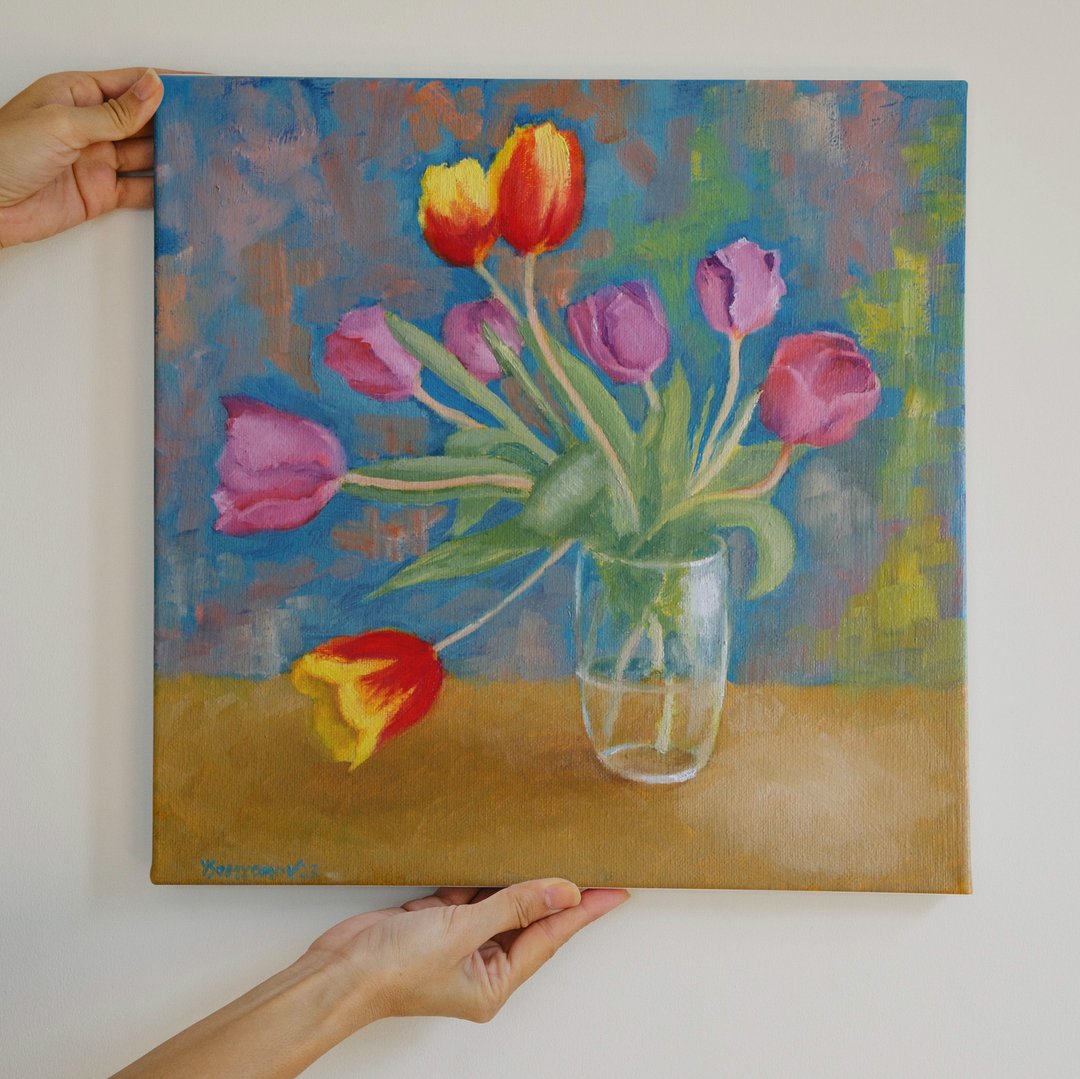 Fresh Spring Tulips Flowers Original Art Oil Painting Wall Decor Beautiful Tulip - 海报/装饰画/版画 - 其他材质 多色
