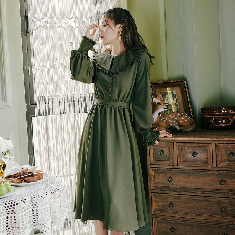 早秋装新款2018复古时尚荷叶领腰带长款连身裙洋装 - 洋装/连衣裙 - 其他材质 绿色