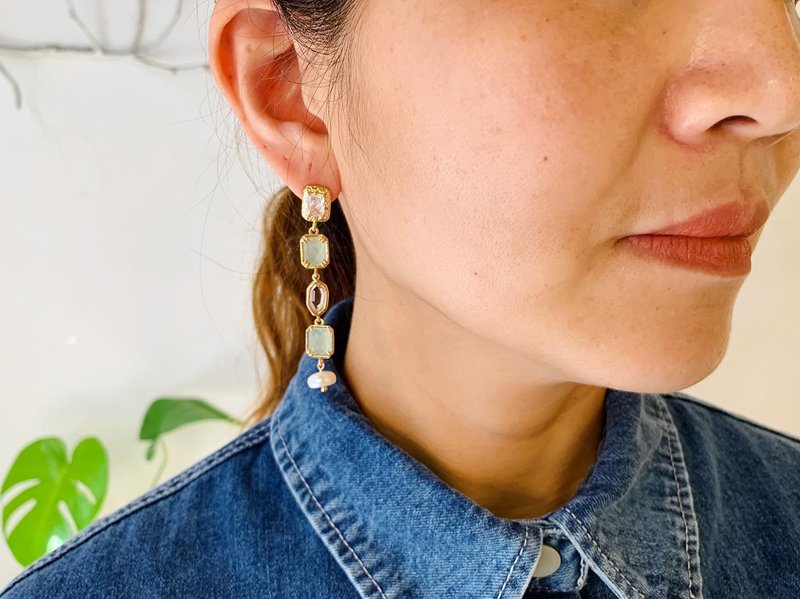 蛋白绿彩色锆石垂坠珍珠耳环_可免费修改夹式耳环 - 耳环/耳夹 - 水晶 多色