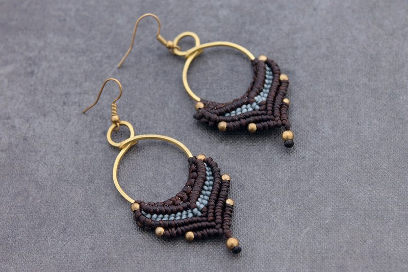  花边耳环珠编织棕色吊坠叶波西米亚风 - 耳环/耳夹 - 棉．麻 咖啡色