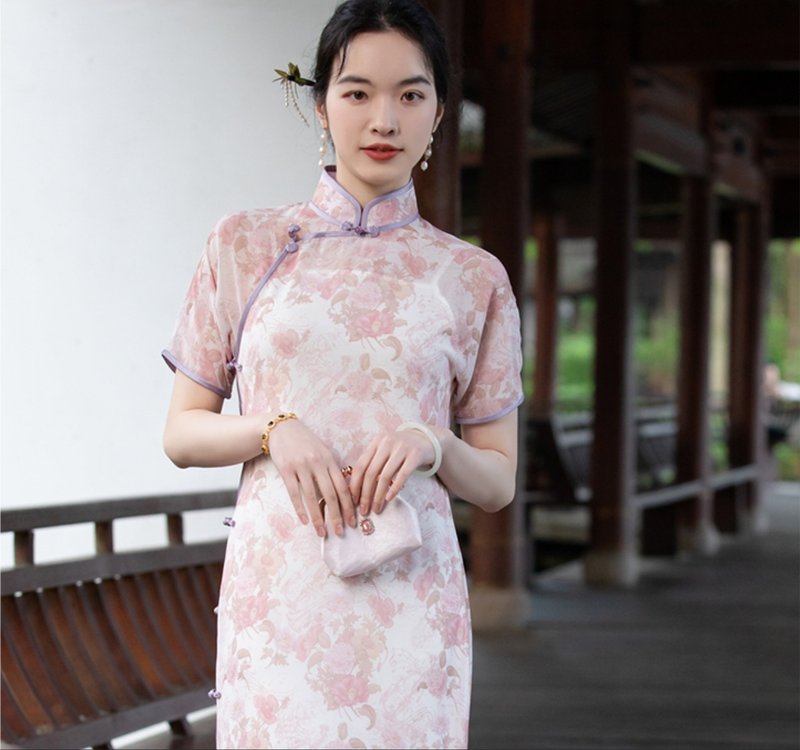 苒苒时光 新中式復古 绝美少女古法平裁旗袍 - 旗袍 - 聚酯纤维 粉红色