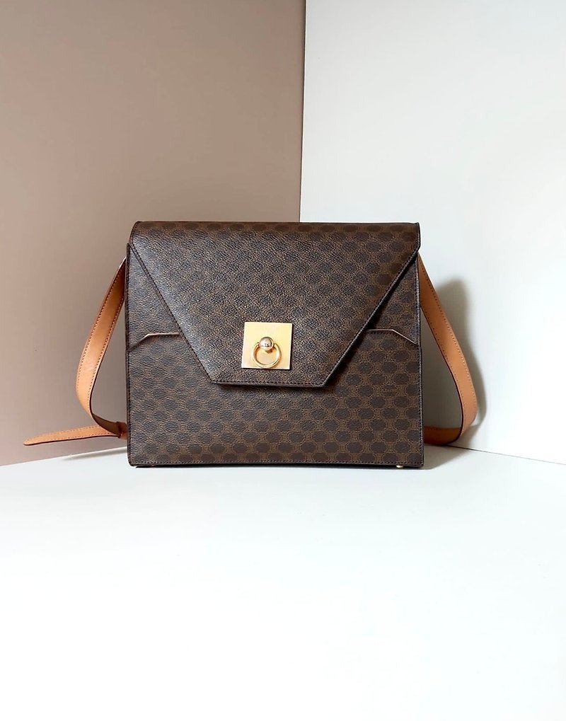 特选货品Celine老花金扣小信封盒子皮革单肩侧背斜孭背包手袋 - 侧背包/斜挎包 - 真皮 咖啡色