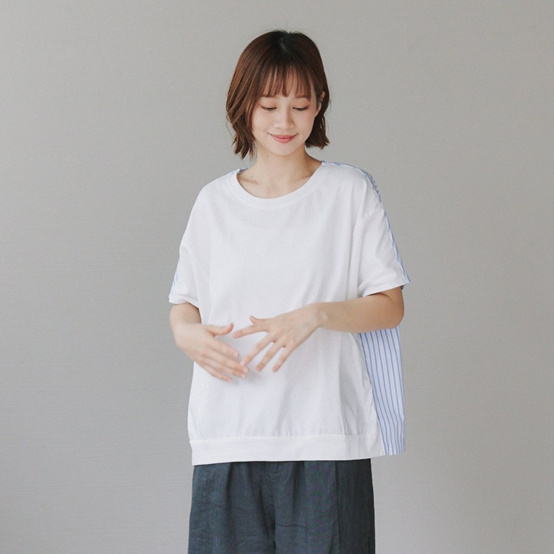 【Simply Yours】前后拼接条纹上衣 白F - 女装 T 恤 - 棉 白色