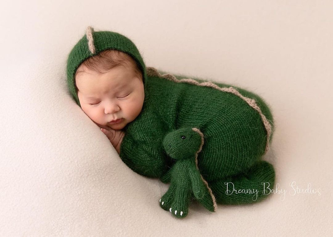 Newborn dinosaur bonnet and toy. Dragon toy. Knitted dino romper. Photo props - 婴儿饰品 - 羊毛 绿色