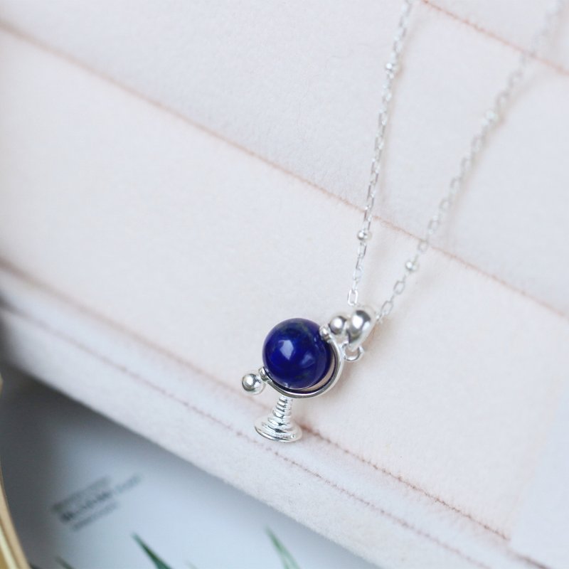 12诞生石。纯银小小星球 青金石地球仪天然石个性长项链 生日礼物 - 项链 - 纯银 蓝色