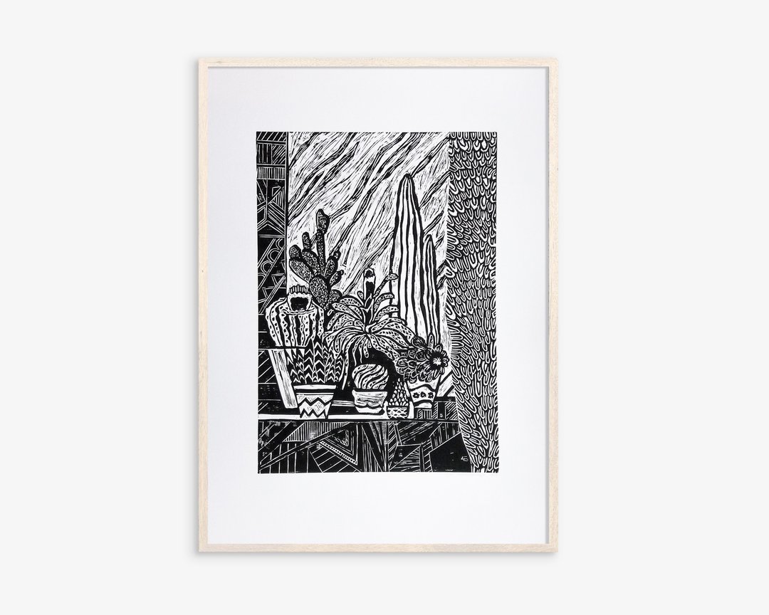 黑白植物仙人掌 Linocut 印花原创艺术品农舍礼物 - 海报/装饰画/版画 - 纸 黑色