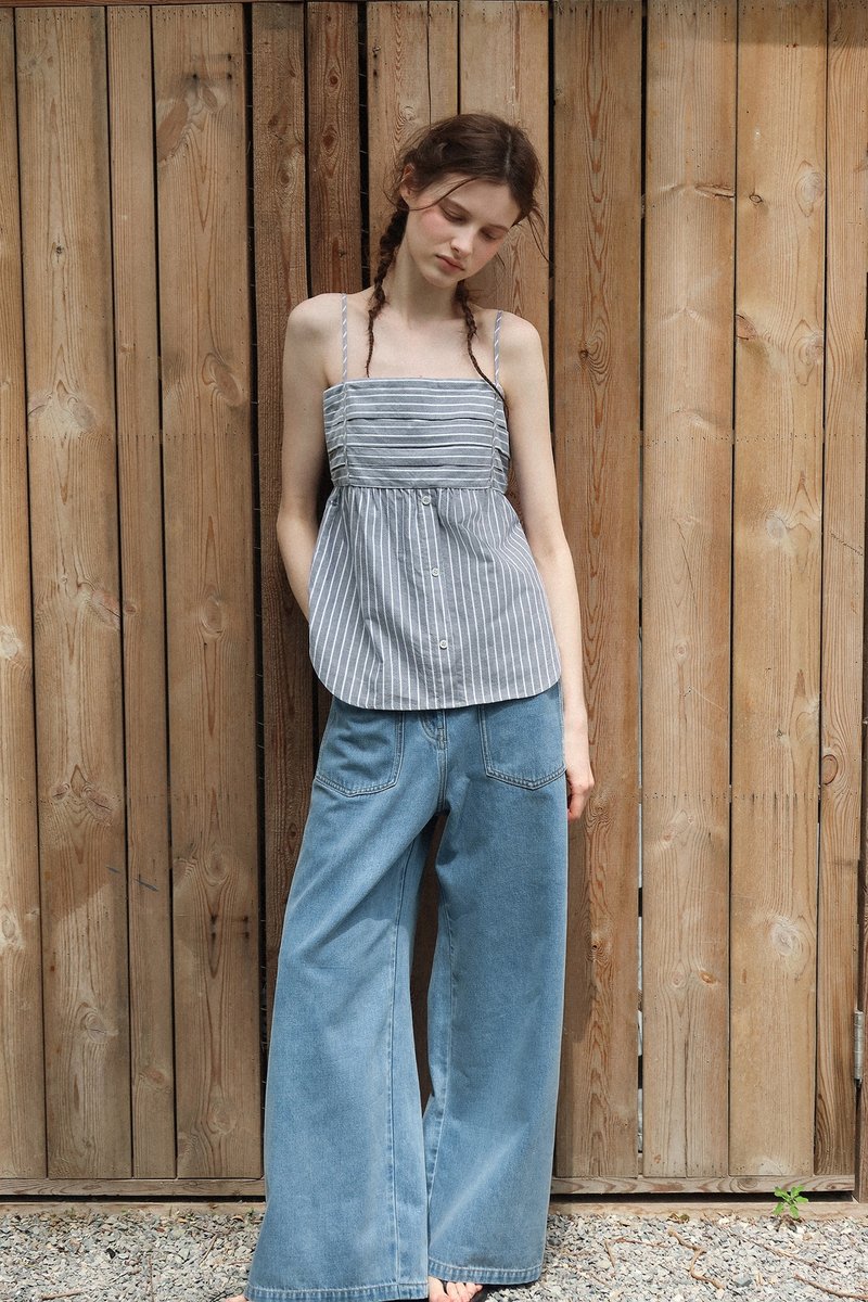 哥哈复古 / 立体褶拼接上衣 / 牛仔条纹 - 女装上衣 - 其他材质 多色