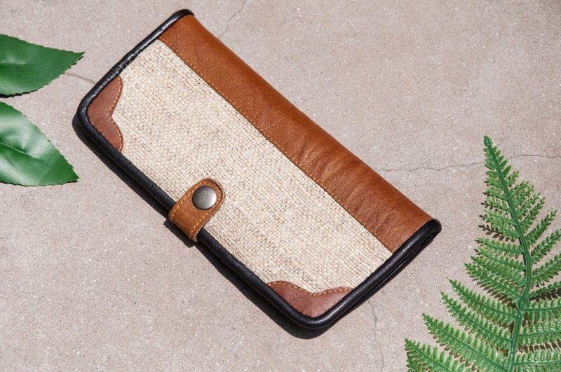 手工棉麻皮夹/编织拼接皮革长夹/长皮夹/零钱包/编织皮夹-原味 - 皮夹/钱包 - 真皮 卡其色