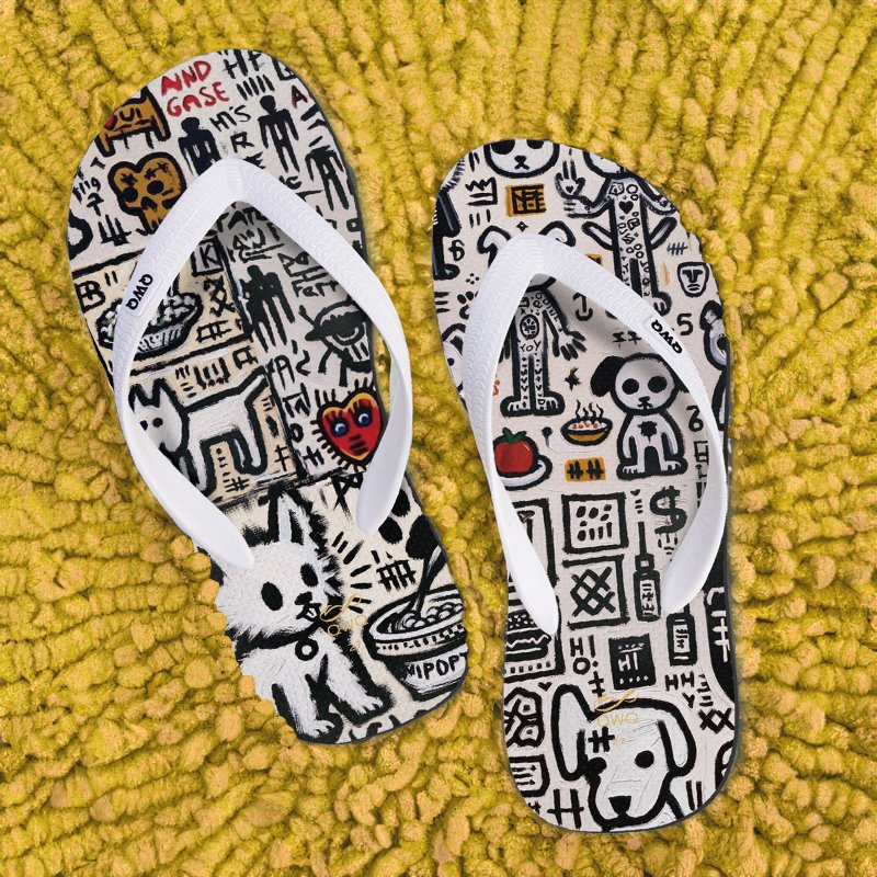 涂鸦狗勾 涂鸦系列 男款文创绘图夹脚拖鞋 软Q止滑耐磨人字拖 LE - 拖鞋 - 橡胶 多色