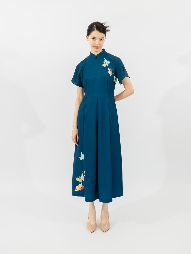 短袖雪纺旗袍 (附印花)|香港设计|古典|气质|中西合璧 - 旗袍 - 其他材质 蓝色